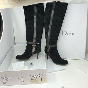Christian Dior Cannage Sz 37.5 Tall Suede Black Pull on Boots